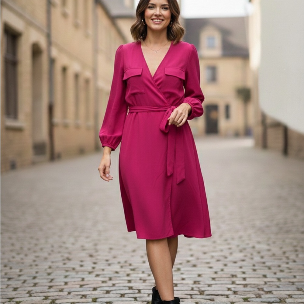DKNY Fuchsia‎ Long Sleeve Wrap Dress